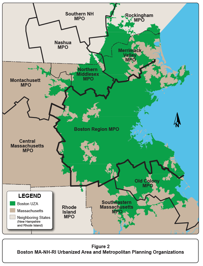 This figure shows the boundaries of the Boston MA-NH-RI Urbanized Area and the states and MPOs that overlap the urbanized area. 